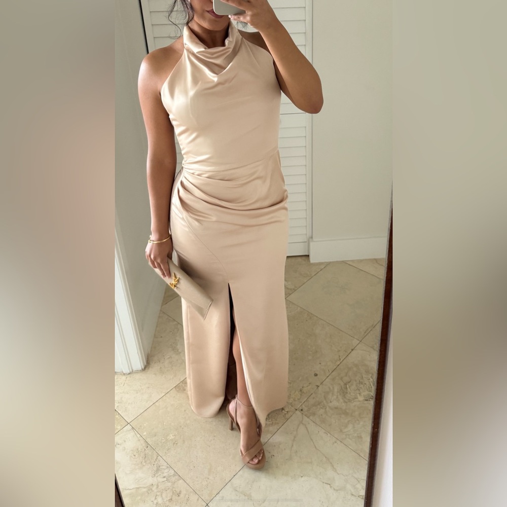 DESSY GROUP- LBo60 Elegant Nude Halter Cowl Maxi Dress with Front Slit